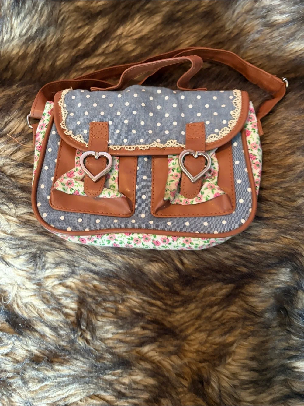 Clair’s Club Kids Mini Polka Dot Blue & Brown Heart-Accent Crossbody Bag